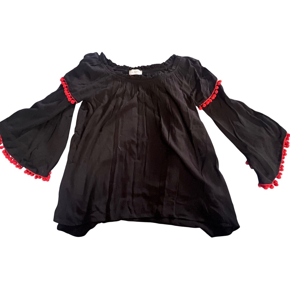Ces Femme Black Boho Pom Pom Trim Ruffle Neck Rayon Blouse Top Small TY1420-G